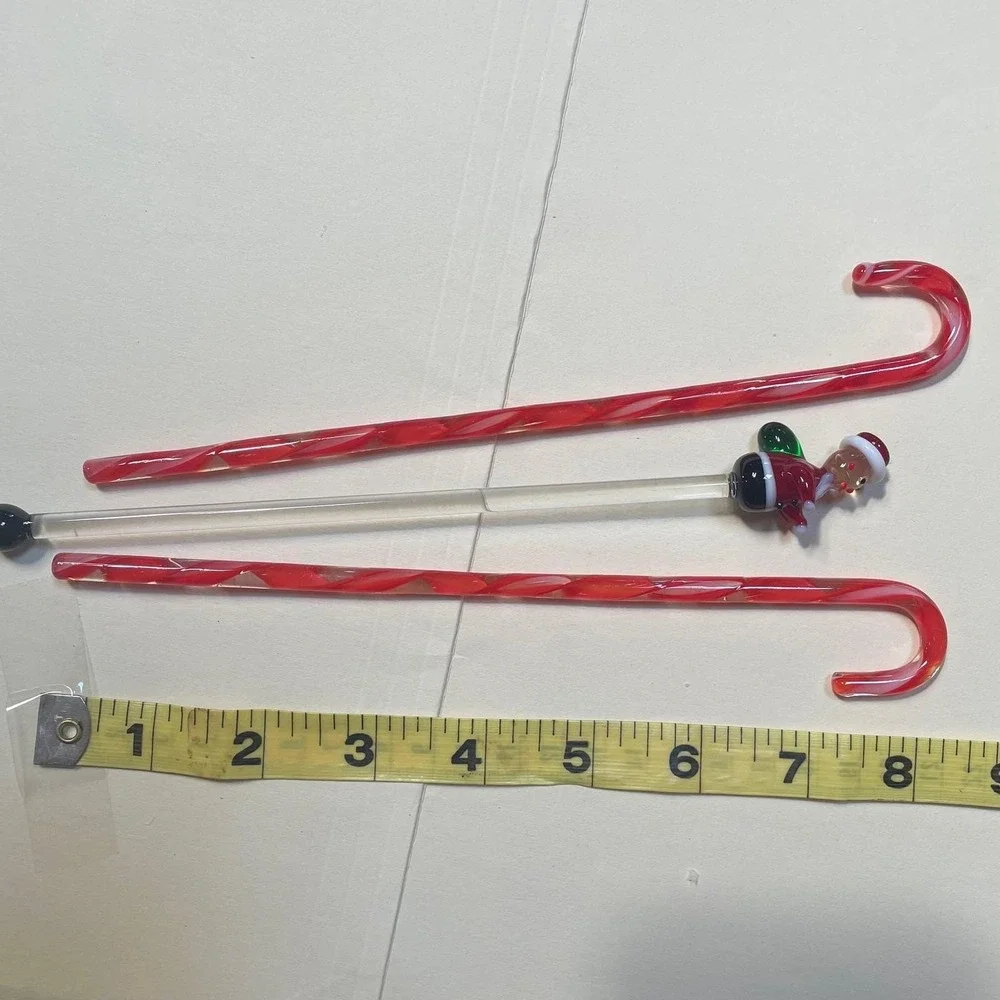 Vintage Glass Santa Cocktail Swizzle Stick + Candy Cane Stir‎ Rods Set of 3